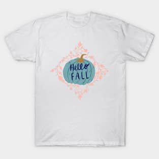 "Hello Fall" hand lettering on a big blue pumpkin with pink leaves T-Shirt